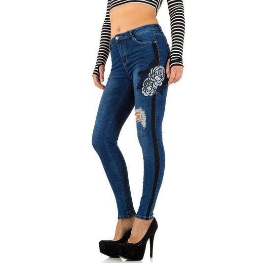 Jeans 36 Blau Skinny Damen Hose Applikationen Bild Muster Baumwolle Trashed Look