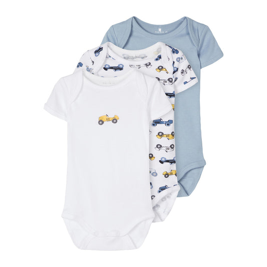 Name It 3 Paar Babybody Autos Dusty Blue Strampler Langarm Body Größen 50 bis 98