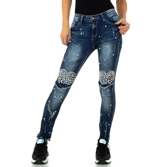 Jeans Blue Damen Used Trashed Look Perlen Herzdesign schmaler Schnitt Skinny