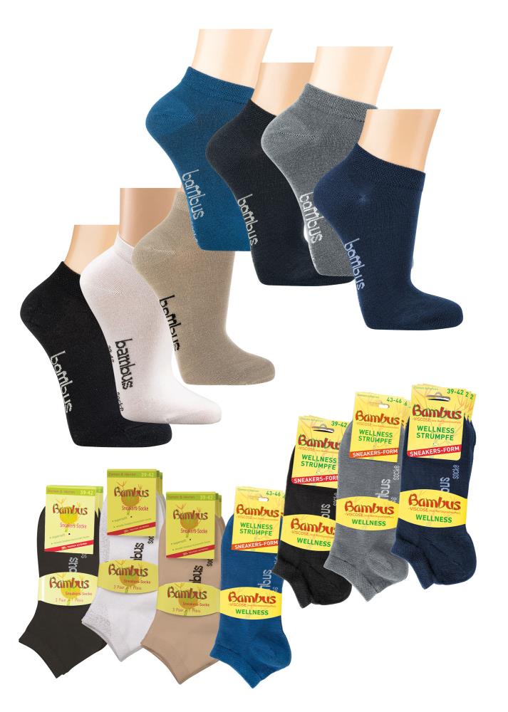 3 Paar Bambus Sneaker Viskose Unisex Socken ohne Gummi Schwarz 35-50 Unifarben