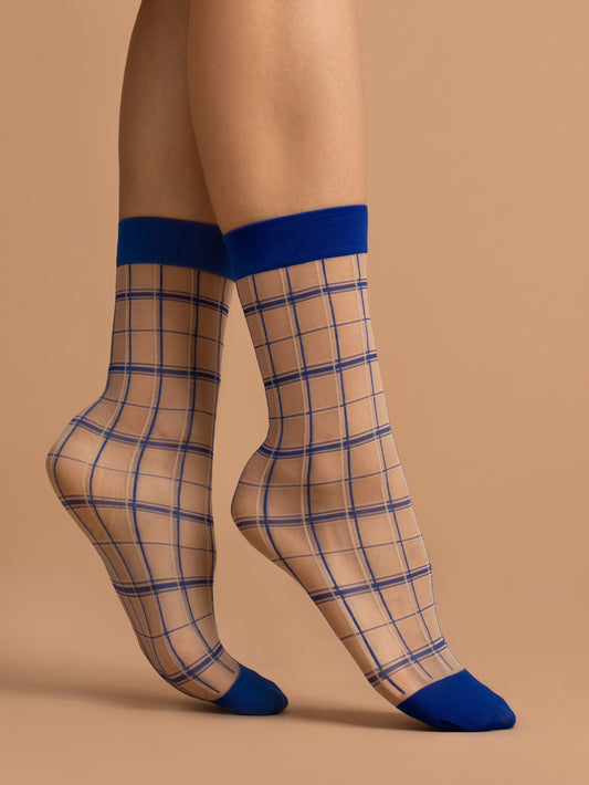 Fiore Klein 15DEN Damen Feinsöckchen Socken Kariert Haut Blau